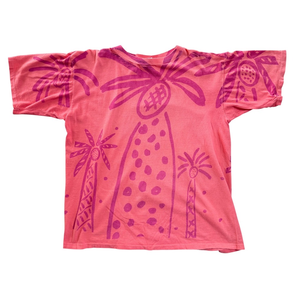 Ken Done Palm Tree All Over Print T Shirt Vintage XL Pink 80s Tropical